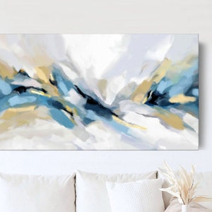 Blue And Yellow Abstract Painting, Large Living Room Artwork, Expressive Horizontal Canvas Wall Art, 24x36, 36x60