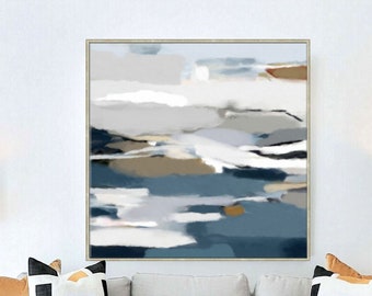 Abstract Landscape Painting Large Canvas Art, Modern Living Room Wall Art, Interior Decor, Blue Brown Beige Artwork, Handmade 30x30, 36x36