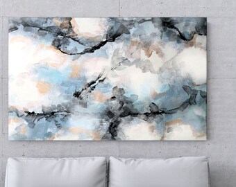 Oversize Painting, Large Original Art, Blue And Gray Abstract Artwork, Tall Modern Canvas Wall Art