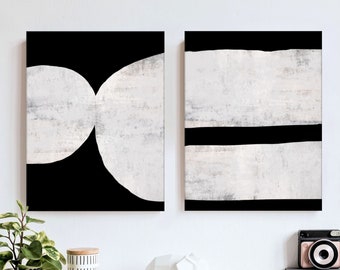 Large Neutral Wall Art, Black Off White And Gray Paintings, Minimal Modern Canvas Art Set of 2, Wabi Sabi Decor