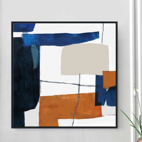 Square Abstract Painting Large Modern Art Blue and Orange Etsy