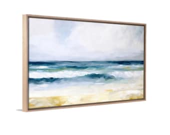 Framed Ocean Painting - Hand-Textured Coastal Canvas Wall Art - Abstract Seascape for Living Room, Bedroom, Office - Calming Beach Accent