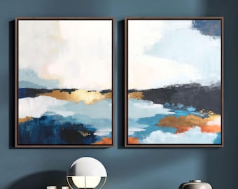 Two Piece Abstract Canvas Set - Modern Blue Wall Art for Living Room, Large Framed Paintings, Custom Size Art for Bedroom Or Office Space