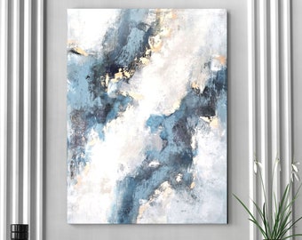 Original Abstract Painting, Blue And Gold Canvas Art,  30x40 Textured Modern Living Room Wall Decor, Christovart