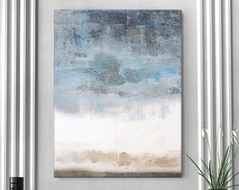 Vertical Abstract Painting, Rustic Blue And Gray Wall Art, Calming Contemporary Canvas Art, Wabi Sabi Decor, 30x40''