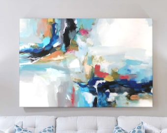 Large Colorful Abstract Painting, Blue And Red Canvas Art, Modern Art Over Couch Or Bed, 30x40''