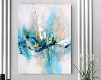 Large Abstract Canvas Art, Bright Blue And Teal Painting, Vertical Modern Art, Living Room Accent Decor, 24x36, 30x40''