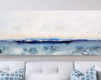 Long Horizontal Art, Abstract Seascape Painting, Large Modern Ocean Art, Teal Blue Bedroom Canvas Art, 20x60, 24x60''