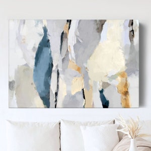 Large Blue And Gray Abstract Painting, Neutral Wall Art, Yellow And Grey Canvas Art, Living Room Artwork, Bedroom Wall Decor, 30x40, 36x48