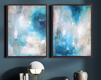 Luxury Teal Blue Textured Canvas Art Set of 2 - Abstract Paintings Wall Decor for Living Room or Modern Office Spaces