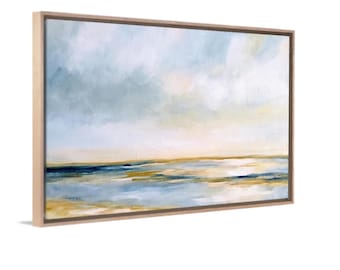 Calming Coastal Art - Abstract Ocean Painting Framed Seascape - Serene Blue And Yellow Wall Décor for Bedroom or Living Room