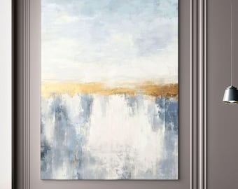 Large Scale Artwork With Texture - Vertical Modern Abstract Canvas for Oversized Living Room Wall - White Blue Gold And Neutral Decor, 40x60