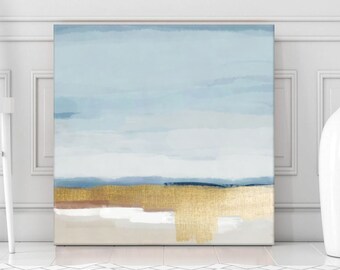 Abstract Landscape Painting, Light Blue And Gold Wall Art, Square Modern Canvas Artwork, Sunrise 24x24, 30x30, 36x36