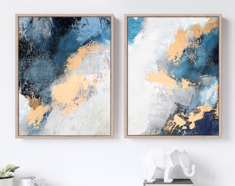 Luxury Blue and Gold Textured Canvas Art Set of 2 - Abstract Paintings Wall Decor for Glam Living Room or Modern Office
