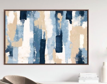 Large Canvas Art, Blue And Beige Abstract Wall Art, Modern Living Room Decor