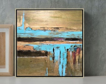 Metallic Abstract Canvas Art, Aqua Blue And Bronze Wall Art, Large Modern Artwork, "Contrast", 24x24, 30x30''