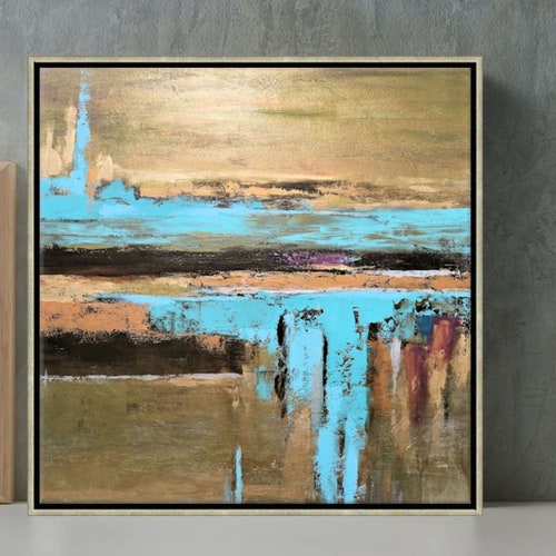 Original Large Square Abstract Painting White Blue Etsy