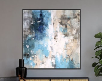 Blue Abstract Canvas Painting, Large Modern Rustic Art, Accent Decor, 36x36 Artwork