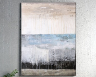 Modern Landscape Painting, Vertical Abstract Art For Living Room, Rustic Blue And Gray Canvas Wall Art, 24x36, 32x48, 40x60''