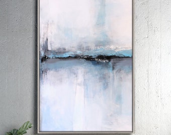 Gray Abstract Canvas Art, Framed White Modern Art For Bedroom, Vertical Painting, Seascape Horizon, Blue And Gray Wall Decor