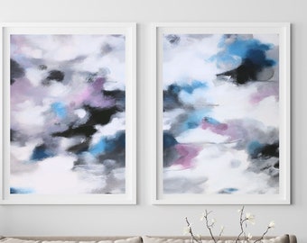 Neutral Abstract Canvas Art, Gray And Blue Set of 2 Paintings, Large Modern Bedroom Wall Decor, Abstract Clouds, 30x40, 40x60''