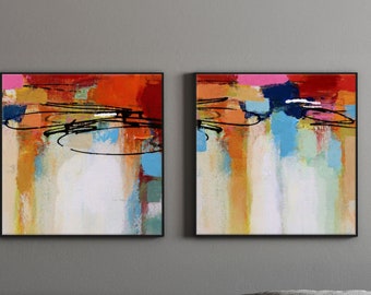 Colorful Abstract Paintings, Set of 2 Bright Modern Canvas Art, Red Orange And Blue Artwork, Vivid Living Room Wall Art, 12x24, 24x48, 30x60