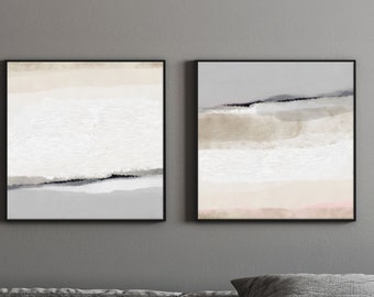 Soft Colors Abstract Paintings, Minimalist Landscape, Calming Set Of 2 Canvas Art, Light Peaceful Serene Bedroom Wall Decor, 12x12, 30x30''