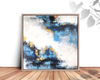 Large Framed Blue Abstract Art - Modern Square Wall Decor, Hand-Textured Artwork For Contemporary Living Room