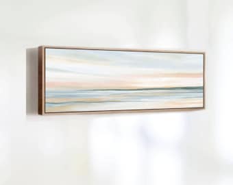 Framed Abstract Coastal Art - Horizontal Calming Serene Ocean Canvas - Hand-Textured Panoramic Wall Art - 24x60