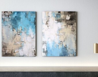 Bright Blue Abstract Paintings, Modern Canvas Art, Above Bed 2 Piece Wall Art, 24x36, 36x48