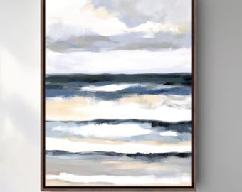 Large Framed Abstract Ocean Painting - Dark Blue and Gray Textured Canvas Art - Modern Wall Décor for Living Room or Office - Custom Size