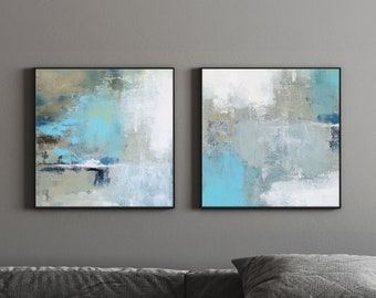 Aqua Blue Abstract Art, Set Of 2 Canvas Paintings, Small Modern Wall Decor, 12x12, 24x24