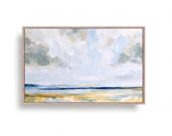 Framed Coastal Painting - Beach Wall Art, Abstract Seascape Canvas Serene Décor for Bedroom or Living Room, Hand-Textured