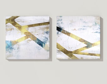 Set of 2 White And Gold Abstract Paintings On Canvas,  Large Bedroom Art , Teal And Gold Decor, 30x60