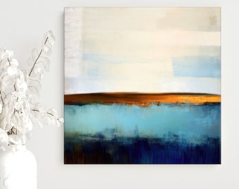 Large Abstract Painting, Minimalist Landscape Square Modern Canvas Art, Blue And Orange Artwork, 24x24, 30x30, 36x36''