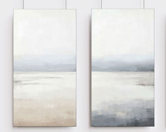 Neutral Wall Art, Minimalist Landscape, White And Gray Canvas Art Set of 2, Modern Home Decor