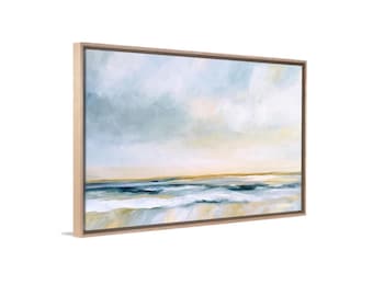 Framed Coastal Painting - Ocean Beach Wall Art, Abstract Seascape Canvas Serene Décor for Bedroom or Living Room, Hand-Textured