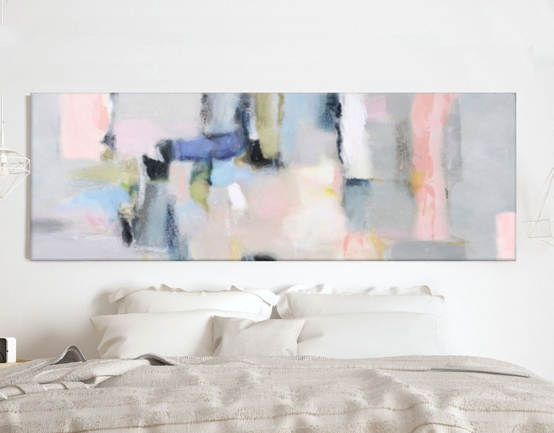 Long Horizontal Art, Large Abstract Painting, Light Pink and Gray Decor, Calming Bedroom Canvas