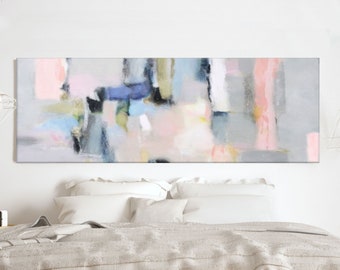 Long Horizontal Art, Large Abstract Painting, Light Pink And Gray Decor, Calming Bedroom Canvas Art, 28x60''