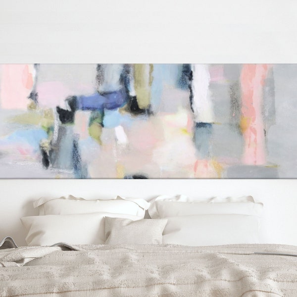 Long Horizontal Art, Large Abstract Painting, Light Pink And Gray Decor, Calming Bedroom Canvas Art, 28x60''