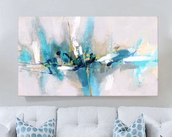 Abstract Painting Large Teal Blue Canvas Art, Expressive Unique Horizontal Modern Living Room Art, Bright Accent Wall Decor, 24x36, 32x48