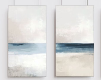 Minimalist Landscape, Neutral And Blue Canvas Art, Set of 2 Large Paintings, Calming Beige And White Modern Wall Decor