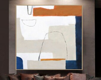 Large Modern Art, Square Abstract Painting, Rust And Blue Canvas Art, Entryway Minimalist Decor, 30x30, 36x36, 48x48