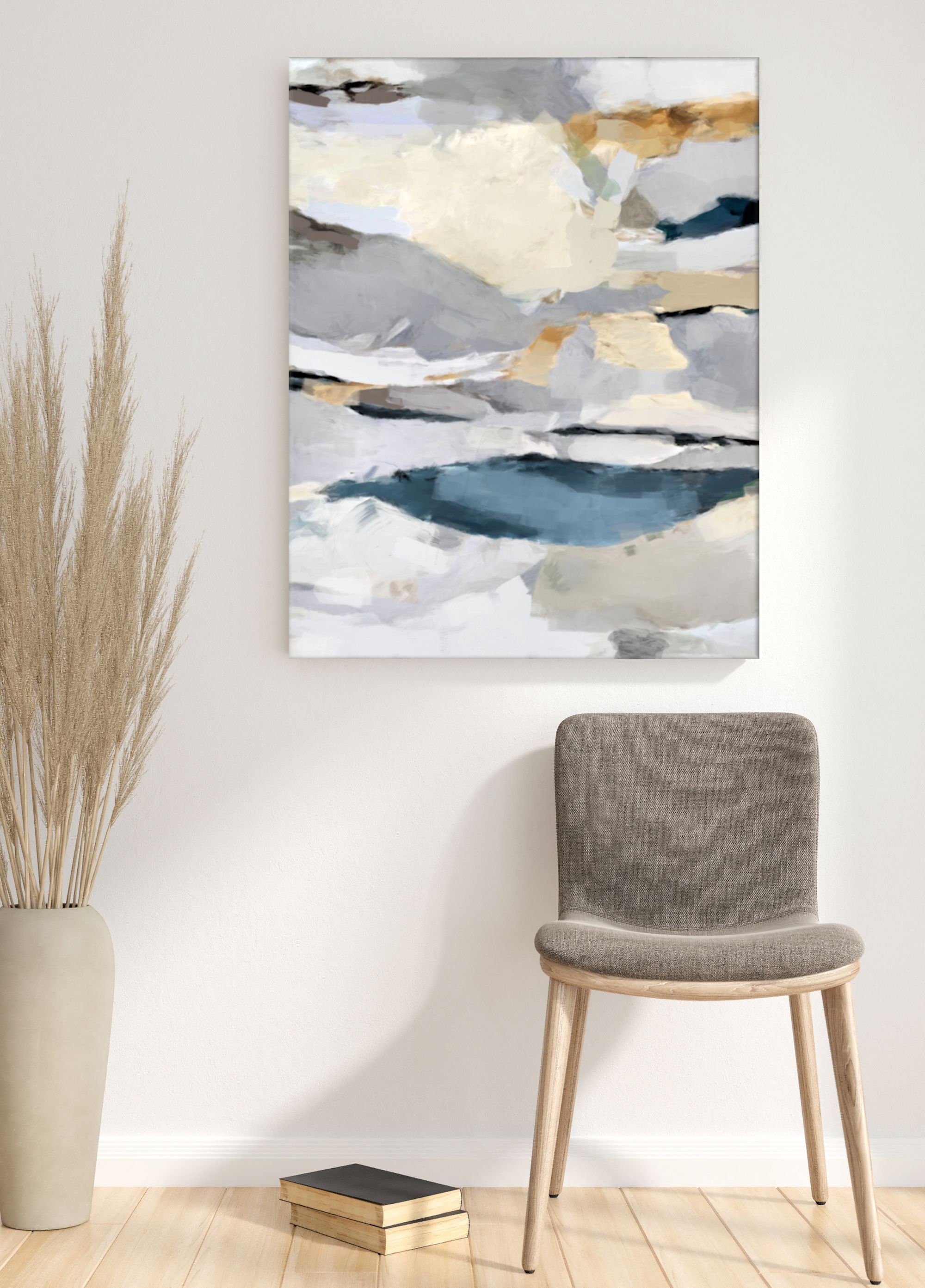 Large Blue and Gray Abstract Painting, Neutral Wall Art, Yellow and