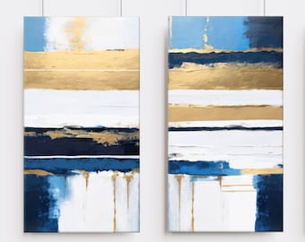 Large Abstract Wall Art, Blue White And Metallic Gold Canvas Art Set Of 2, Living Room Decor