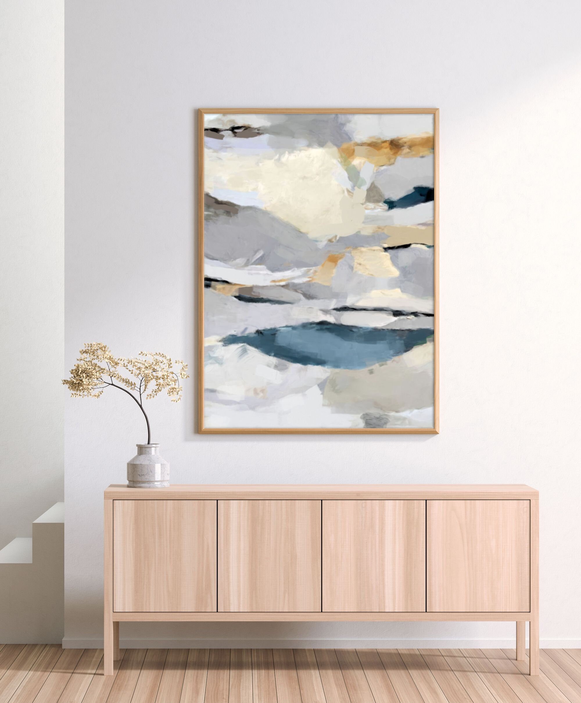 Large Blue and Gray Abstract Painting, Neutral Wall Art, Yellow and
