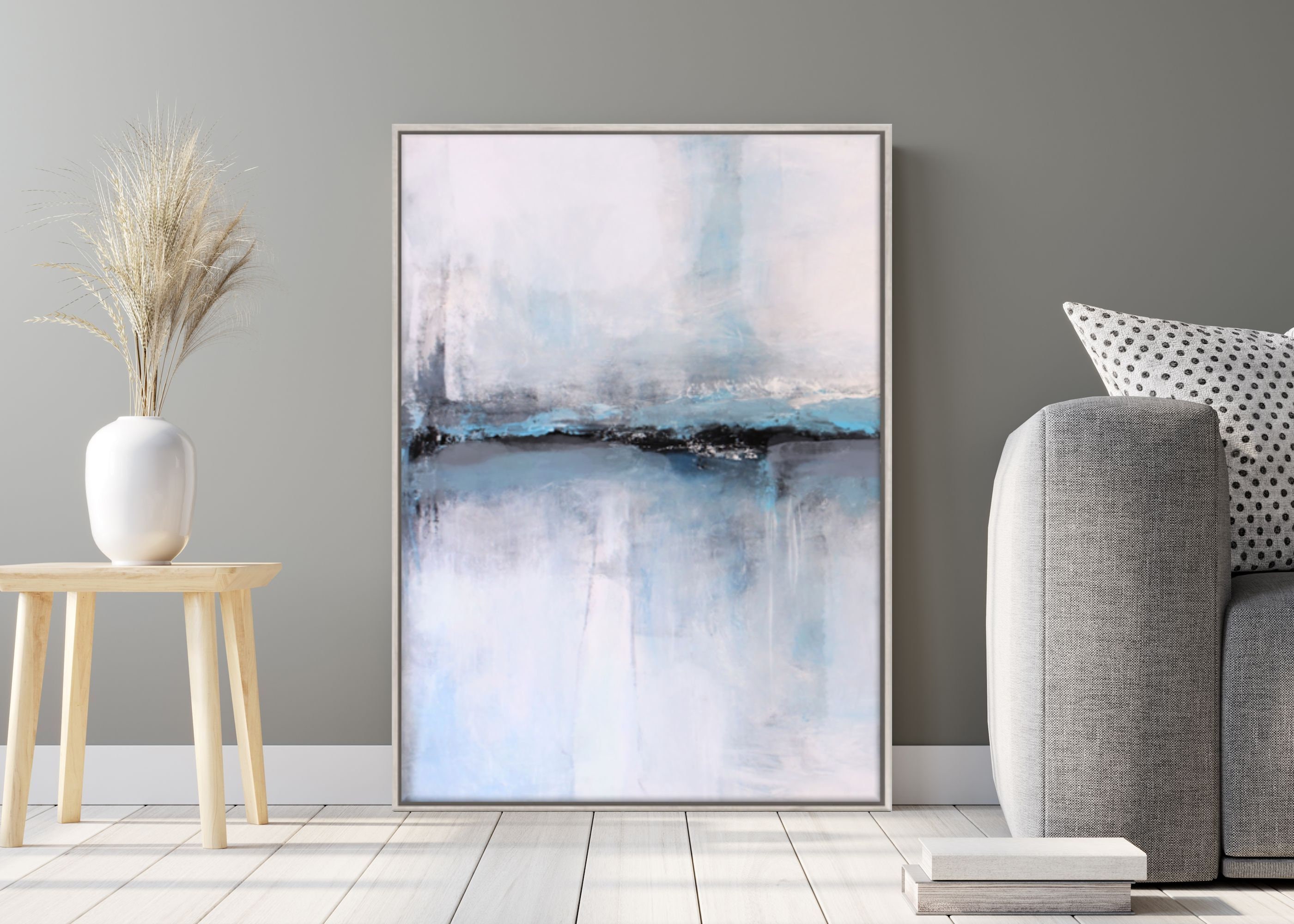 Gray Abstract Canvas Art, Framed White Modern Art for Bedroom, Vertical