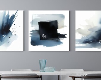 Dark Blue Abstract Canvas Set Of 3, Large Modern Wall Decor, 20x60''