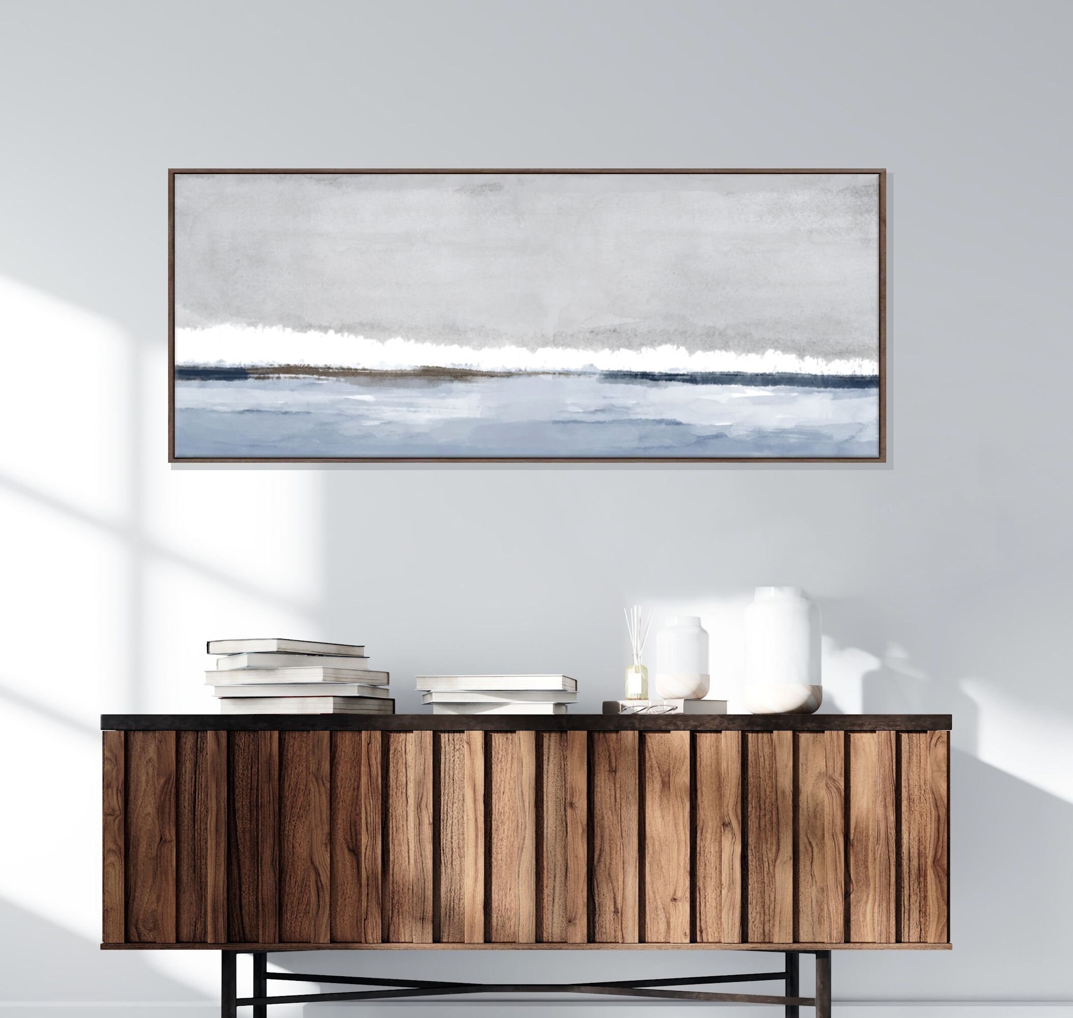 Minimalist Seascape Painting, Long Narrow Art, Blue and Gray Bedroom