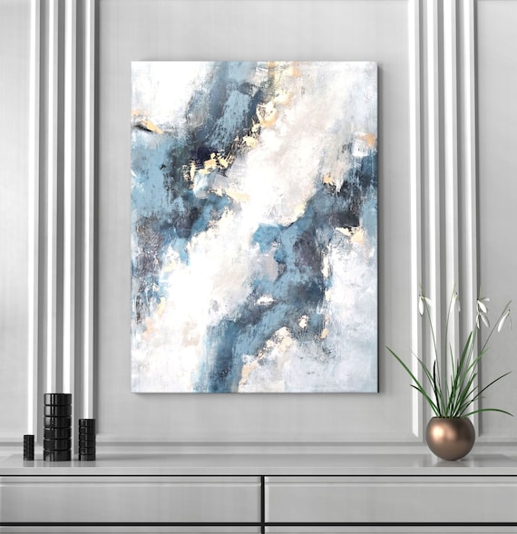 Original Abstract Painting, Blue and Gold Canvas Art, 30x40 Textured Modern  Living Room Wall Decor, Christovart 